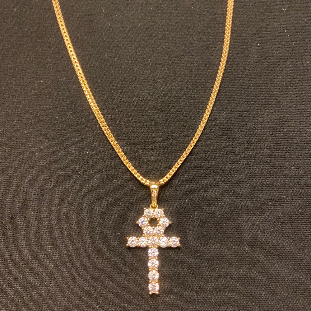 Gold Chain Franco Necklace 2mm and Gold Ankh Cross